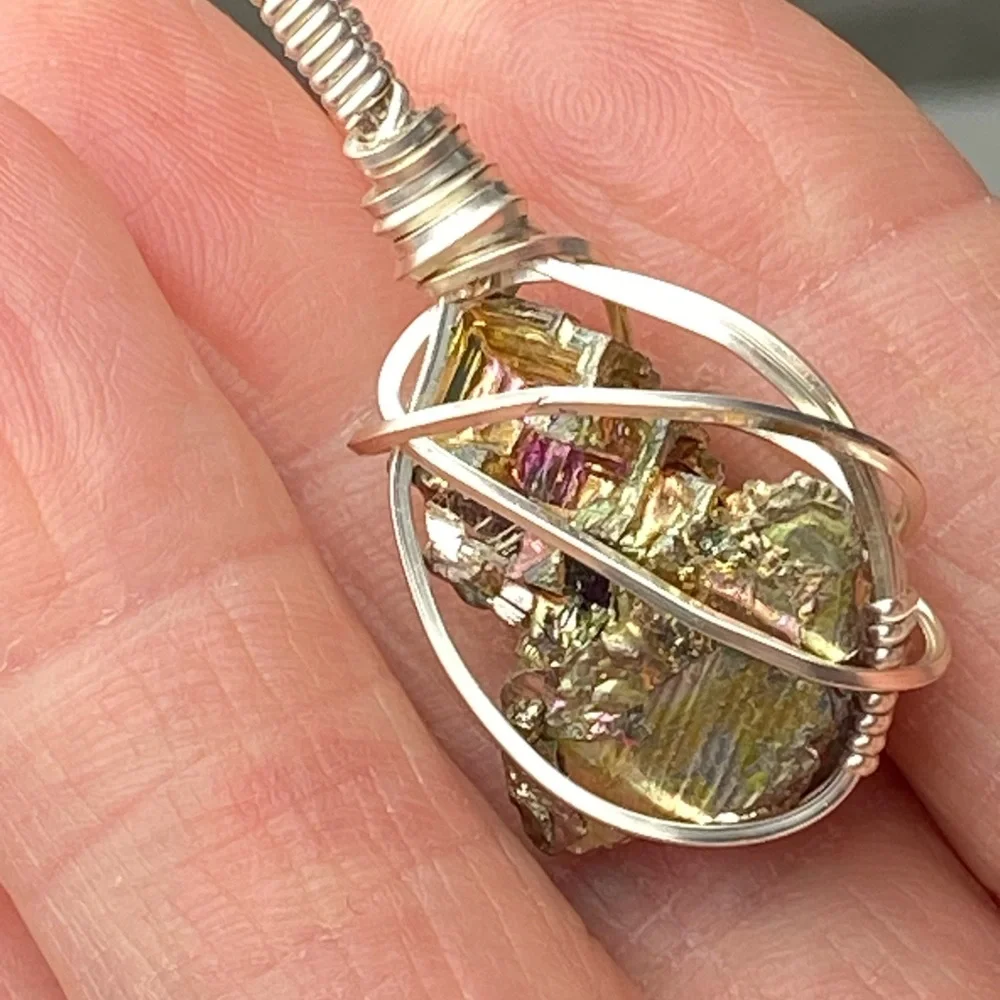Artist Silver Wire cage wrapped pendant rainbow iridescent geometric bismuth